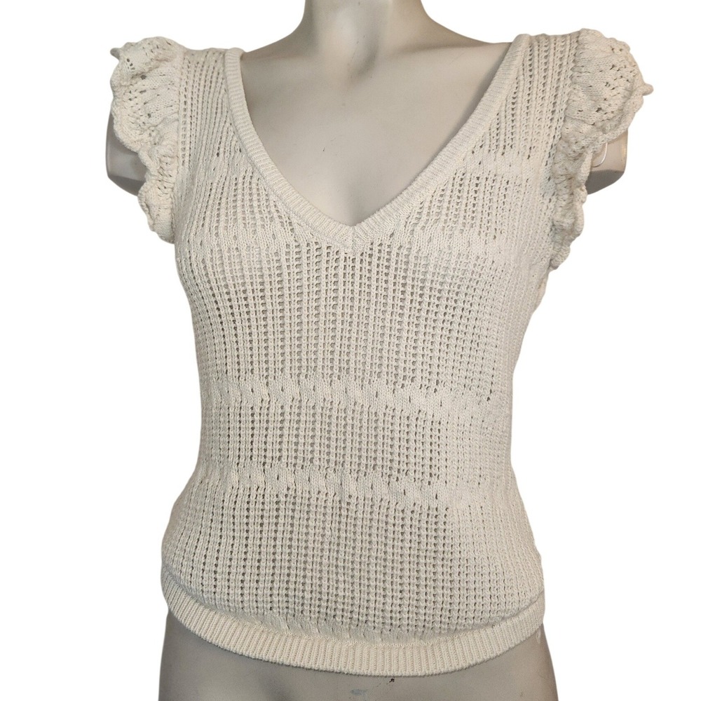 Melrose and Market Cream Cotton Open Knit Ruffle Sleeve V-Neck Top M crochet